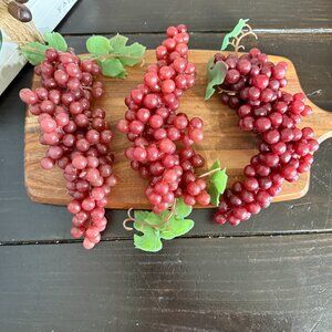 Lot 3 Vintage Plastic Rubber Grape Cluster Bunches Leaf Red Faux Fruit 9" Long